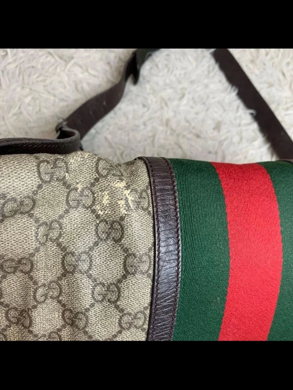 Gucci Brown Monogram Messenger Bag with Red & Green Center Stripe